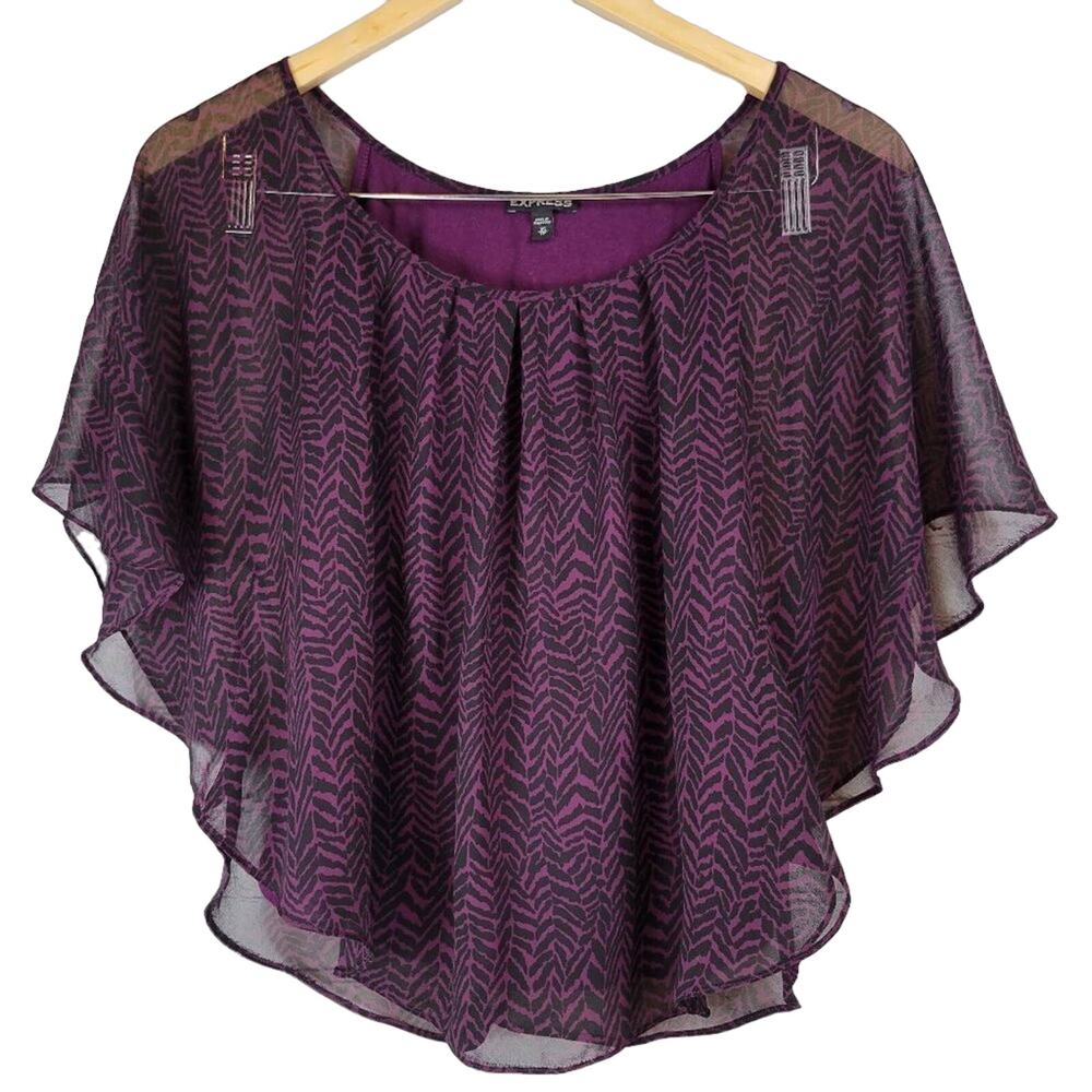 EXPRESS Purple Black Chevron Print Sheer Overlay Capelet Blouse Top XS‎